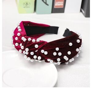 Velvet Pearl Embellished Headband – Burgundy Knot Padded Hair Accessory
